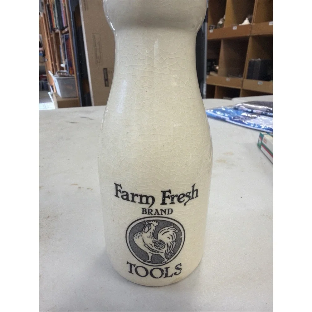 Vintage Style Milk Bottle Vase Farm Fresh Brand Rooster Logo Ceramic 7 in.